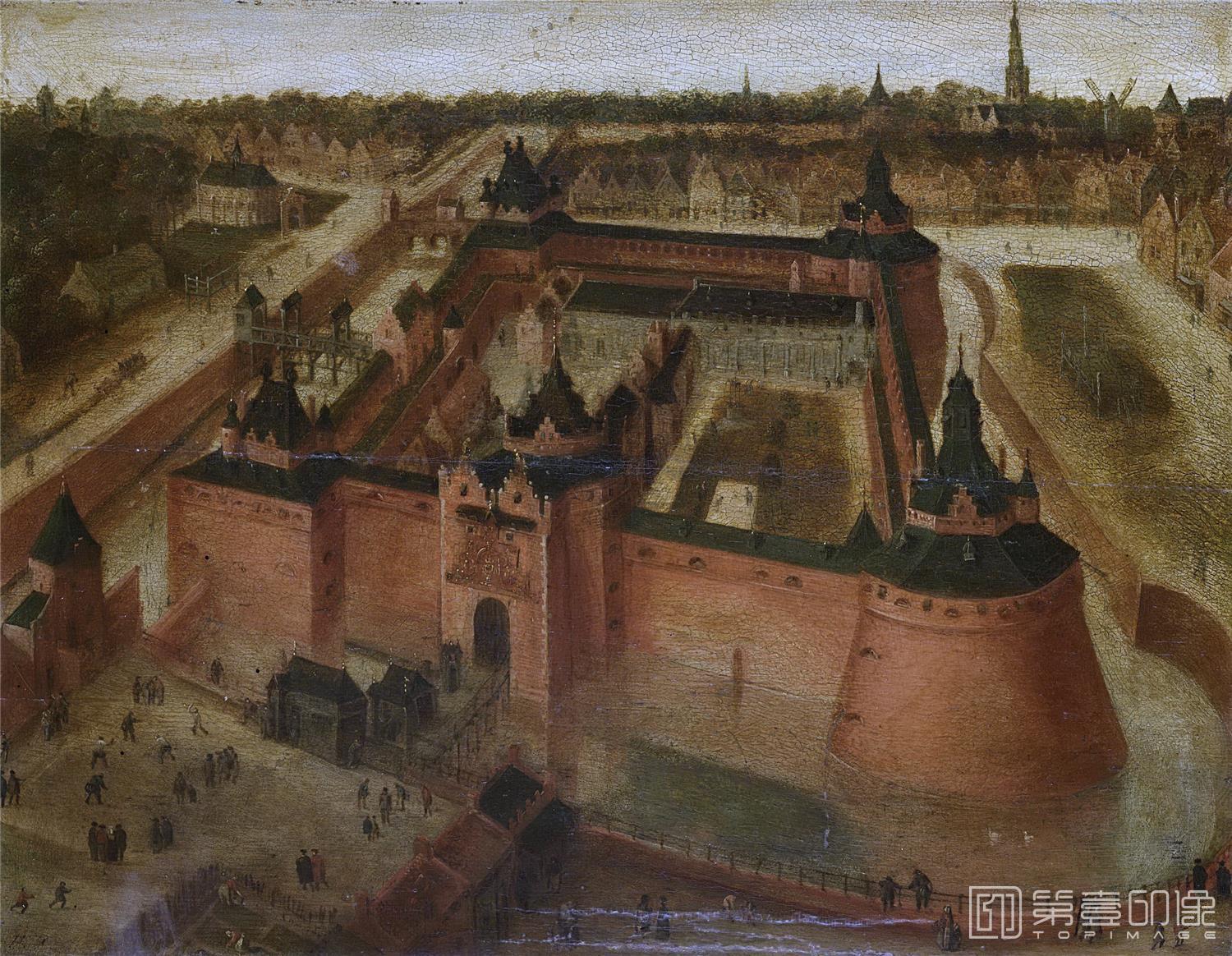油画-荷兰阿姆斯特丹国家美术馆-Unknown artist Het kasteel Vredenburch te Utrecht in vogelvlucht 1550-1599-1648